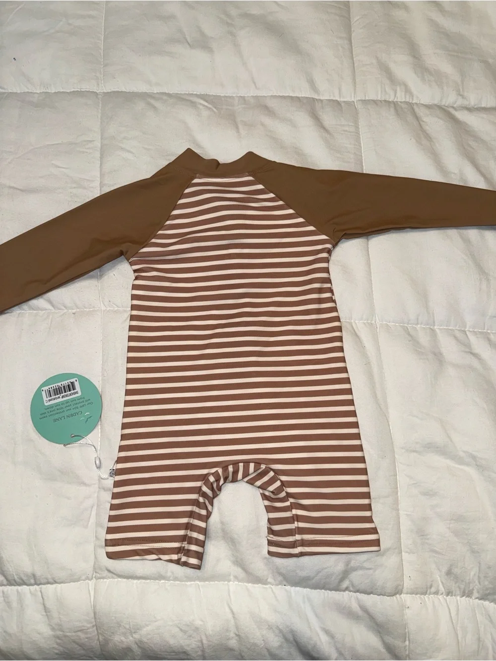 NWT Caden Lane Kids UPF 50+ Brown Stripe Long-Sleeve Swim Romper